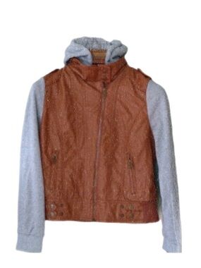 Boy Meets Girl brown faux leather with fleece hoodie sleeves motor jacket